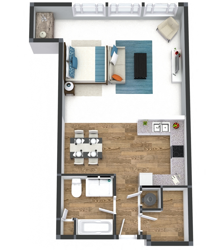 Floor plan for studio, 1 bath, 875 sqft